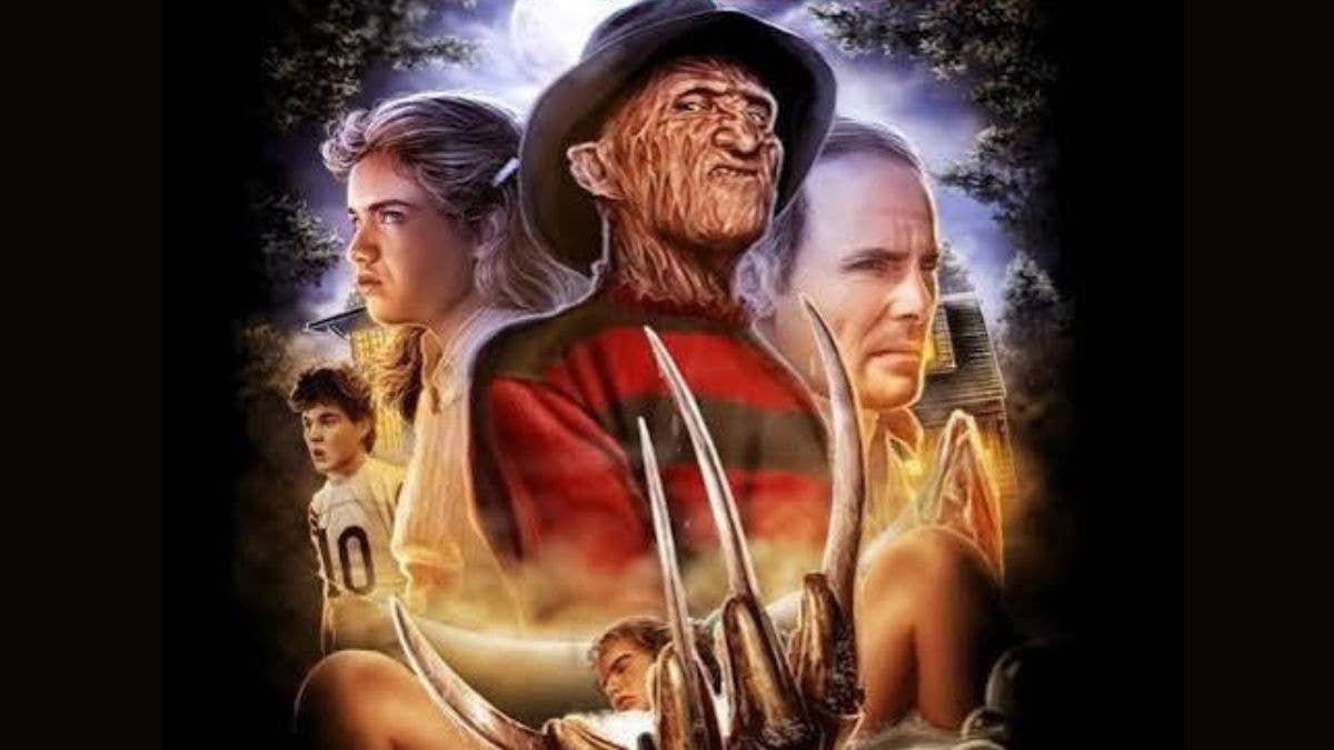 Collage-style horror scene with a scarred man in a hat at the centre, staring menacingly.